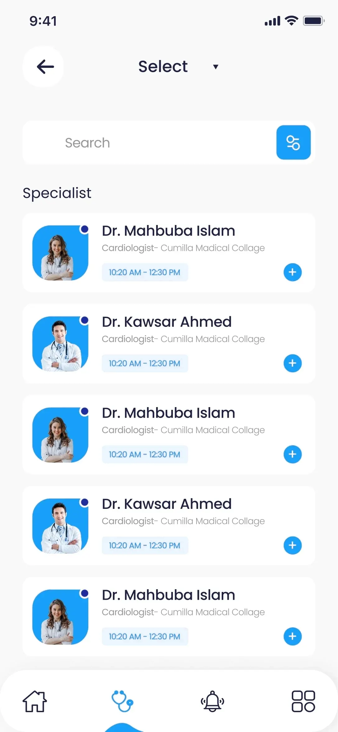 Healthcare booking app listing specialist doctors and available appointment times