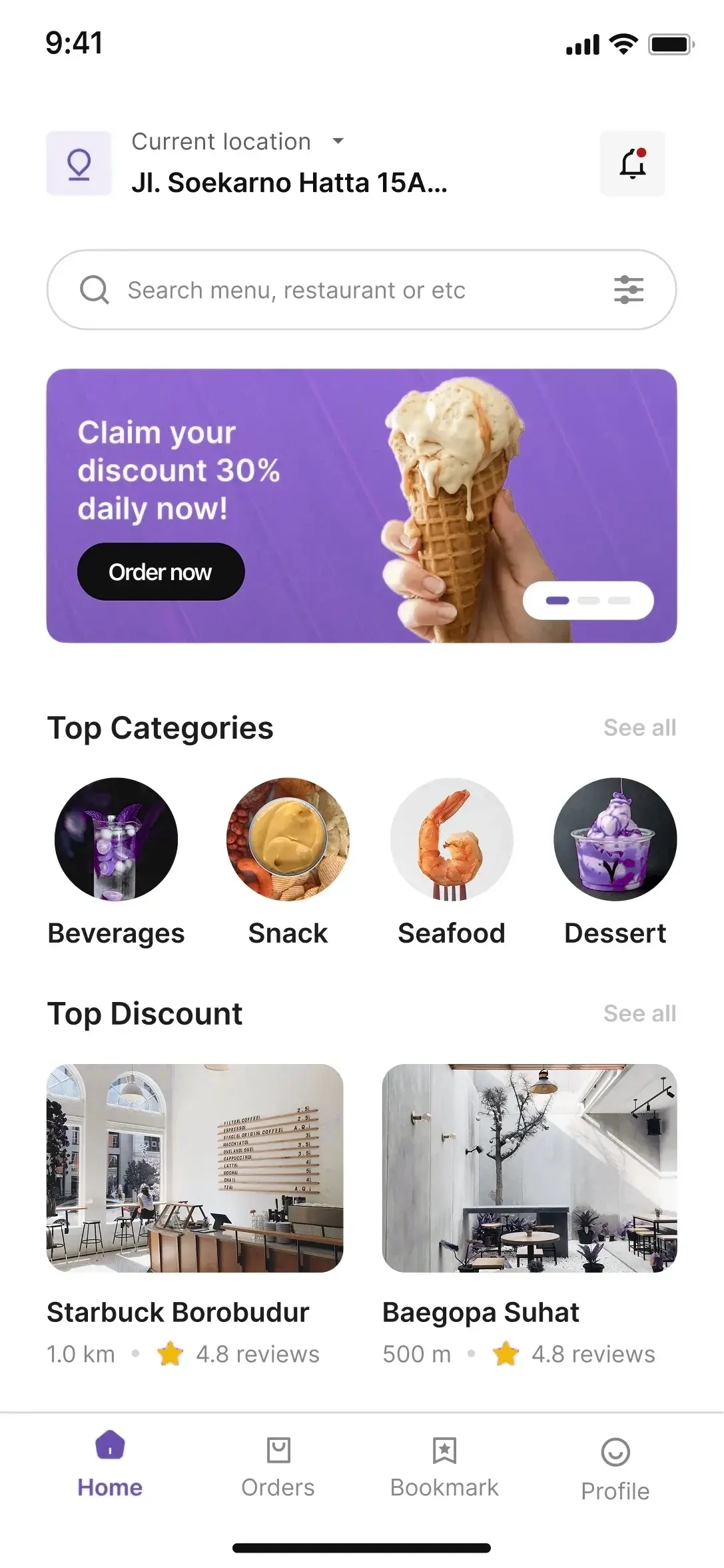 Food ordering app home screen built with AI Application Studio