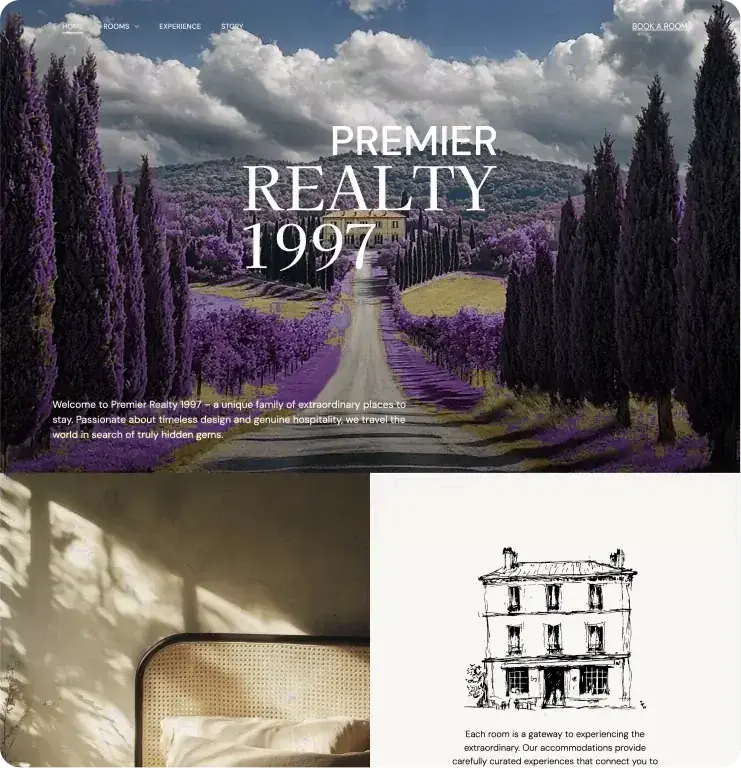 Heritage hotel website template with room booking, built with the AI website builder