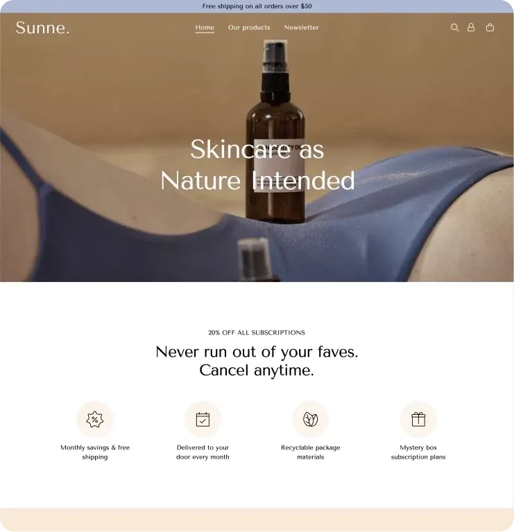 Skincare shop template with subscriptions, built with the AI website builder