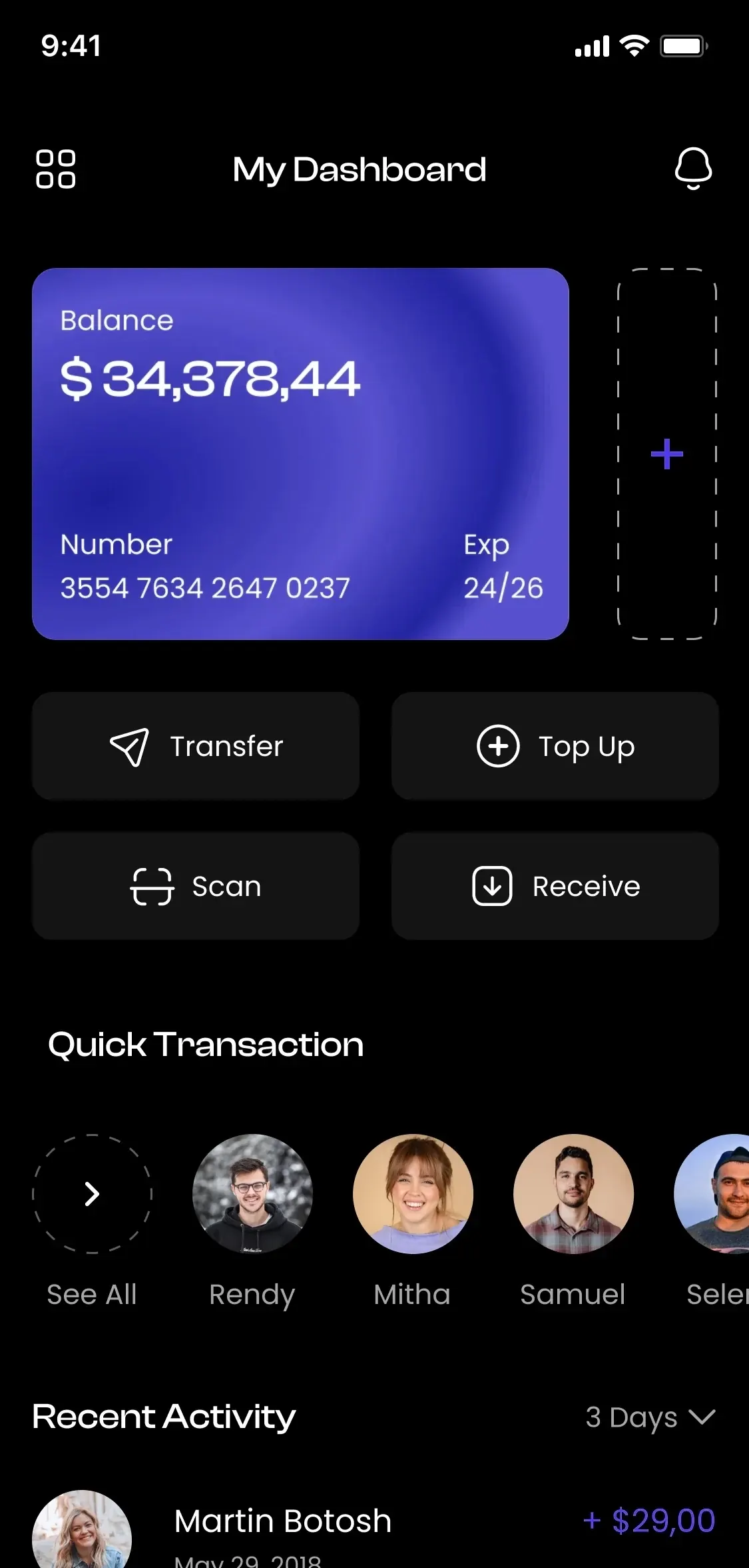 Mobile banking dashboard showing card balance, transfers and recent activity
